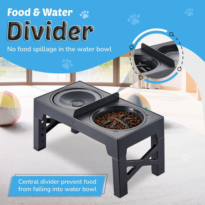 Elevated Dog Feeding Station with Non-Spill Slow Feeder Bowls and Divider