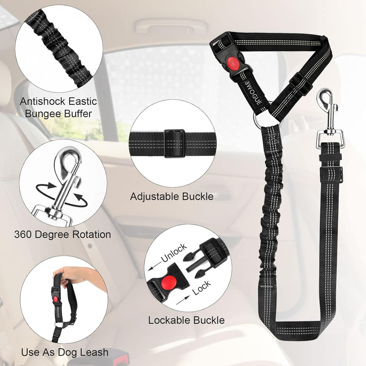 Dual Pack Adjustable Nylon Fabric Dog and Cat Safety Seat Belt Straps for Car Headrests - Elastic Bungee Restraints in Black