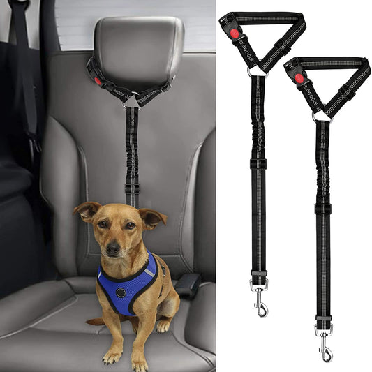 Dual Pack Adjustable Nylon Fabric Dog and Cat Safety Seat Belt Straps for Car Headrests - Elastic Bungee Restraints in Black