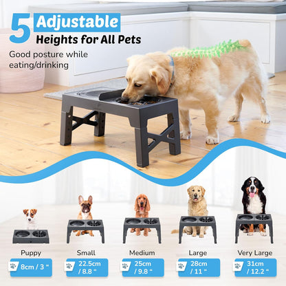 Elevated Dog Feeding Station with Non-Spill Slow Feeder Bowls and Divider