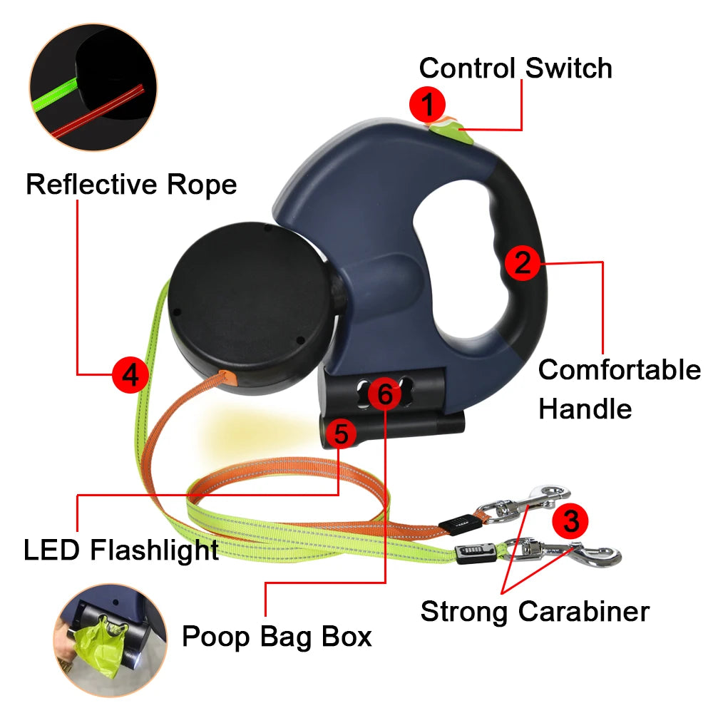 3M Reflective Retractable Dual Dog Leash for Small Dogs - 360° Swivel, Tangle-Free Design with Integrated Lights