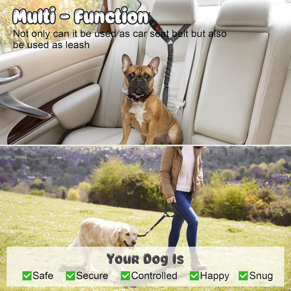 Dual Pack Adjustable Nylon Fabric Dog and Cat Safety Seat Belt Straps for Car Headrests - Elastic Bungee Restraints in Black