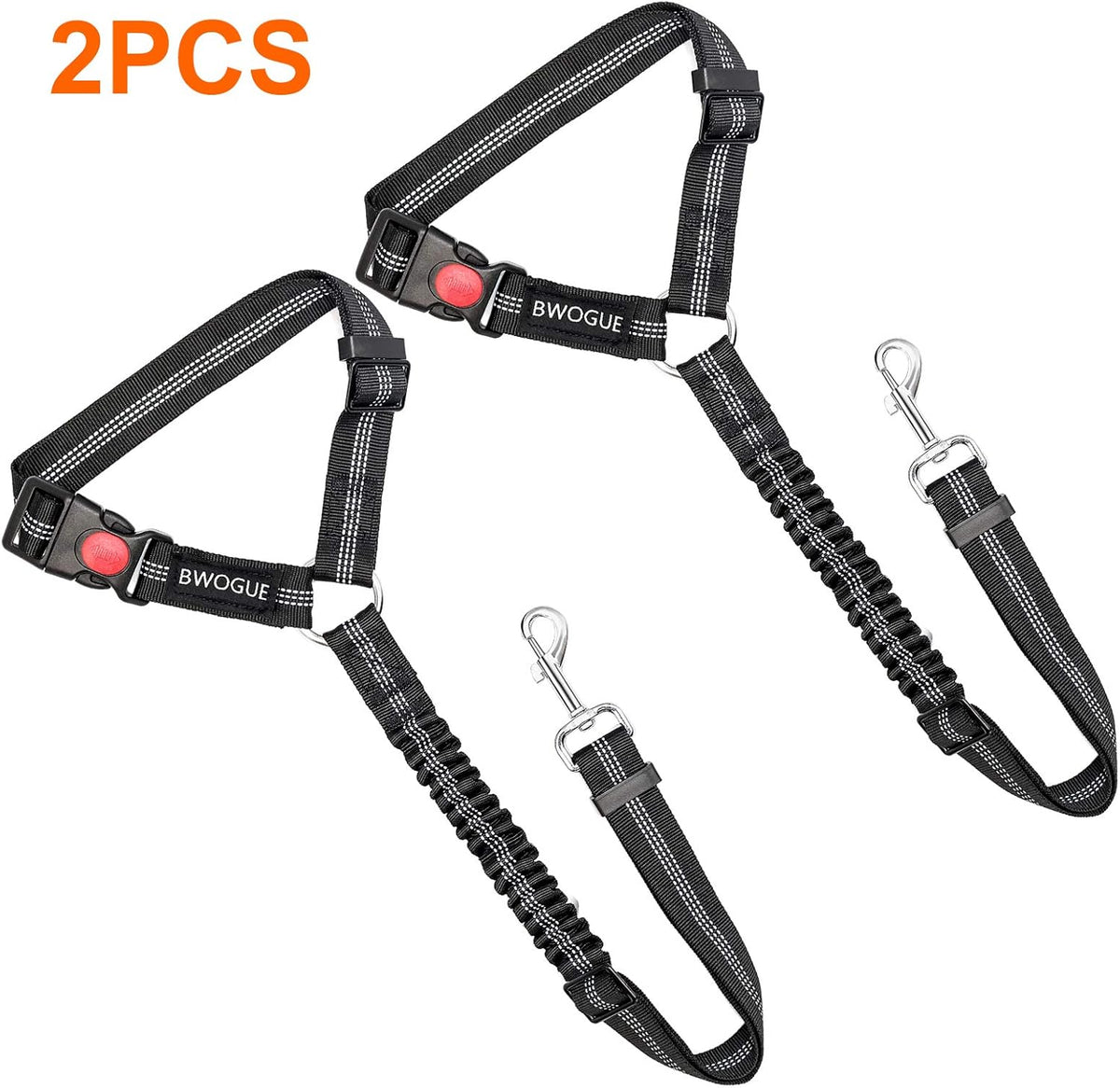 Dual Pack Adjustable Nylon Fabric Dog and Cat Safety Seat Belt Straps for Car Headrests - Elastic Bungee Restraints in Black