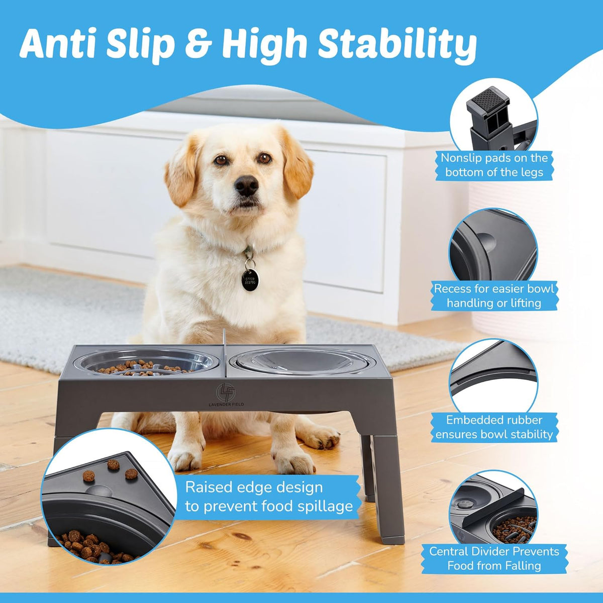 Elevated Dog Feeding Station with Non-Spill Slow Feeder Bowls and Divider