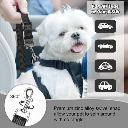 Dual Pack Adjustable Nylon Fabric Dog and Cat Safety Seat Belt Straps for Car Headrests - Elastic Bungee Restraints in Black