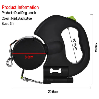 3M Reflective Retractable Dual Dog Leash for Small Dogs - 360° Swivel, Tangle-Free Design with Integrated Lights